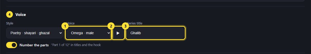 The Voice dropdown, Listen button, Background sound and Series title highlighted.