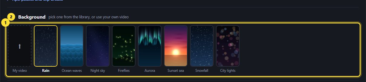 The row of background thumbnails with Rain selected.