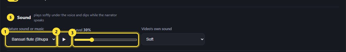The Nature sound or music list, Listen button and Level slider highlighted.