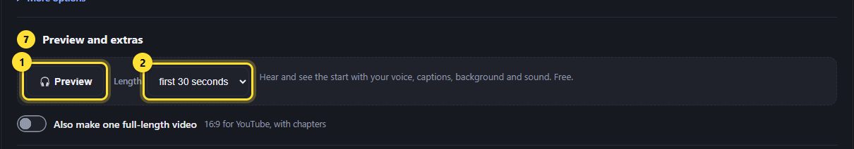 The Preview button and the preview length choice highlighted.